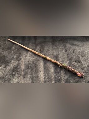 Handcrafted Wood look Wand with Leaf Detail - Natural Brown